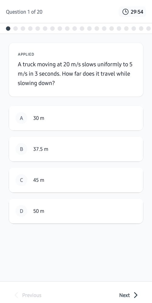 A chemistry practice question with four answer options in exam mode